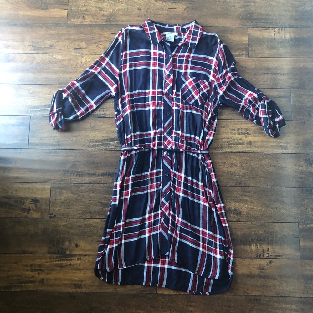 Plaid Button-Front Shirt Dress in Dark Navy and Red